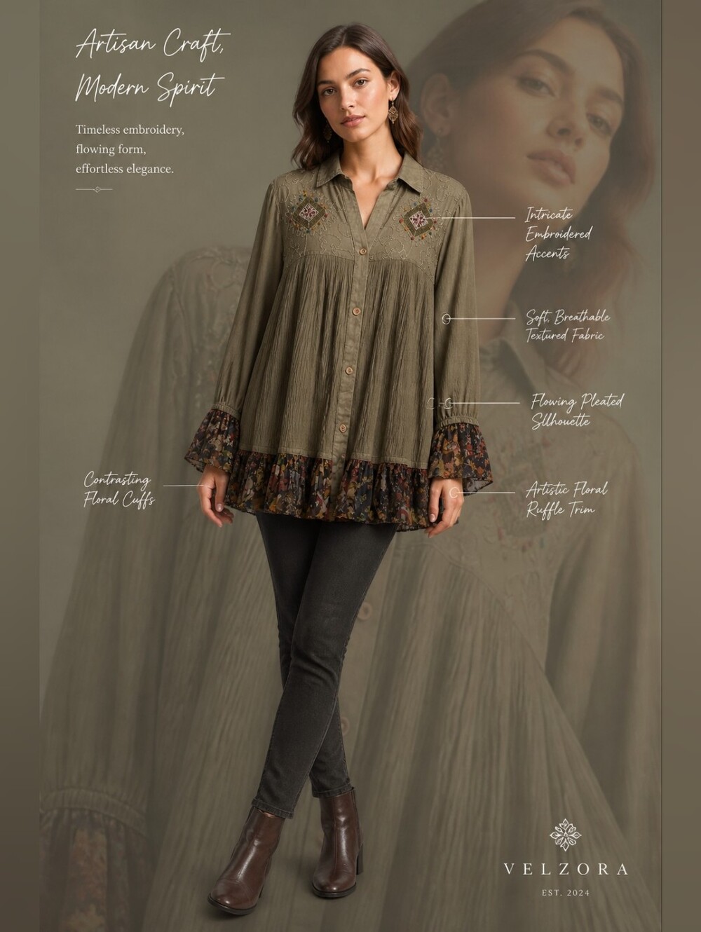 Boho Embroidered Olive Green Button-Front Women's Top